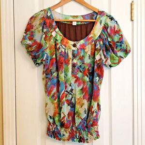 Dressbarn Womens Short Sleeve Quarter Button Top Multi Color Lined Blouson M